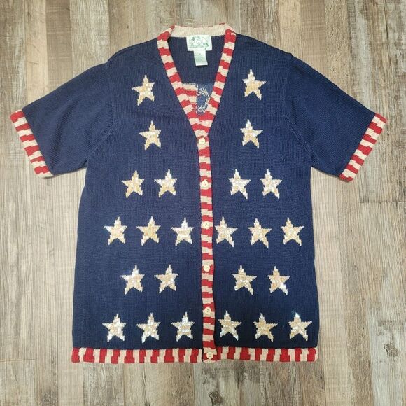 THE QUACKER FACTORY Cardigan M Red White Blue Sequins American Flag Patriotic - Picture 2 of 6